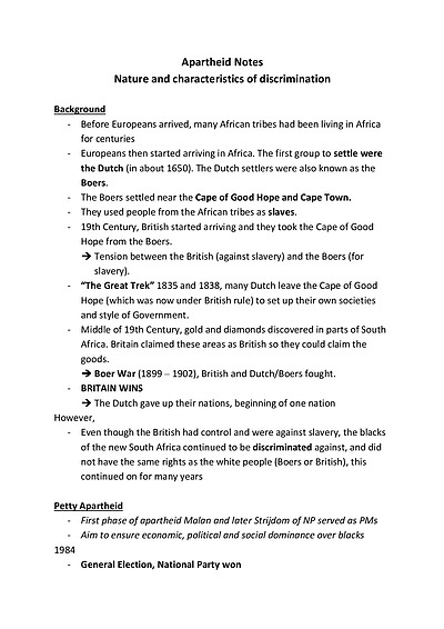 Cover page of APARTHEID PAPER 1 NOTES IB HISTORY HL (Grade 7)