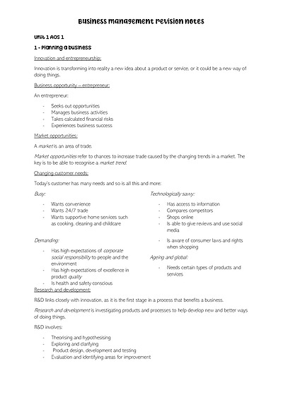Cover page of Business Management Unit 1 Revision Notes