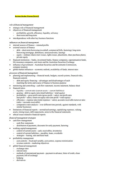 Cover page of Business Studies **EXAM NOTES** - Finance