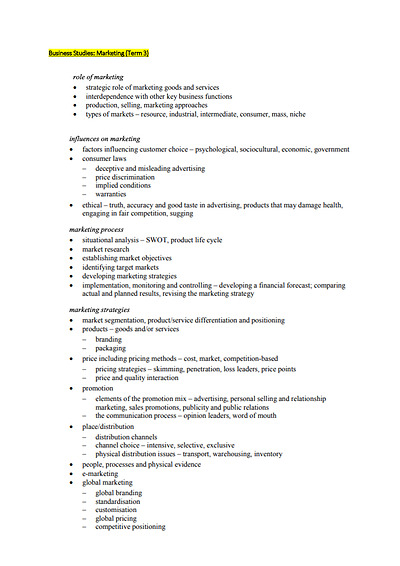 Cover page of Business Studies **EXAM NOTES** - Marketing