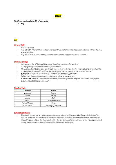 Cover page of Studies of Religion 2 **EXAM NOTES** - Islam
