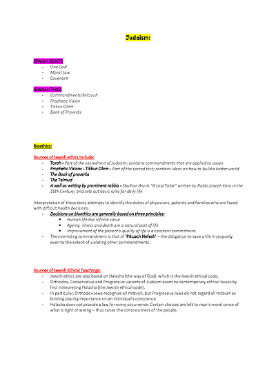 Cover page of Studies of Religion 2 **EXAM NOTES** - Judaism