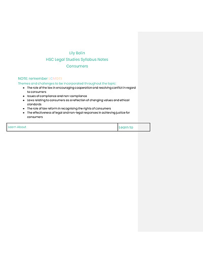 Cover page of HSC LEGAL STUDIES CONSUMERS SYLLABUS NOTES