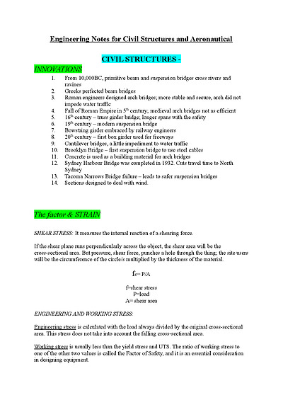 Cover page of HSC ENGINEERING STUDIES NOTES FOR CIVIL STRUCTURES AND AERONAUTICAL