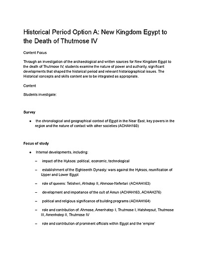 Cover page of New Kingdom Egypt (up to the death of Thutmose IV) Notes 2020 Syllabus