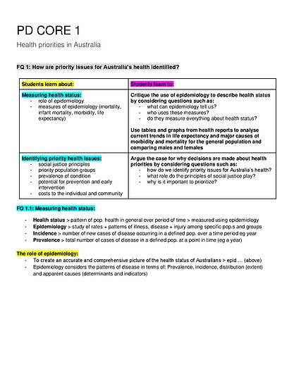 Cover page of 95.95 ATAR, BAND 6, 2ND IN COURSE Health priorities in Australia (core 1) notes!!