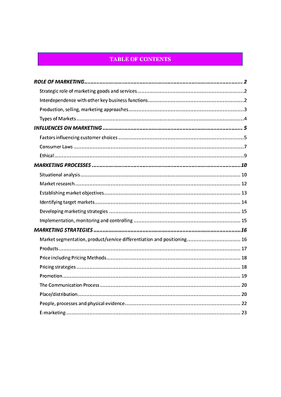 Cover page of Business Studies: Marketing summary notes