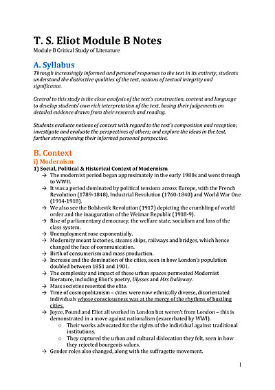 Cover page of TS Eliot Module B Notes — Analysis, Context and Form of All Poems