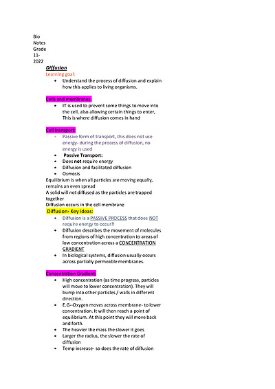 Cover page of Biology notes grade 11