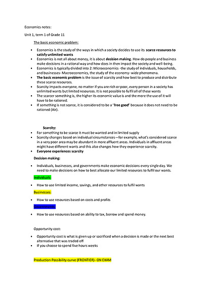 Cover page of Economic notes Unit 1 