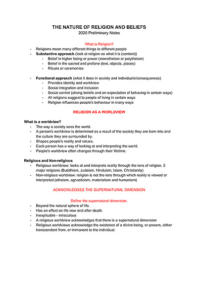 Cover page of PRELIMINARY Yr11 - SoR - Nature of Religion and Beliefs