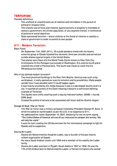 Cover page of PRELIMINARY Yr11 - Modern History - Terrorism