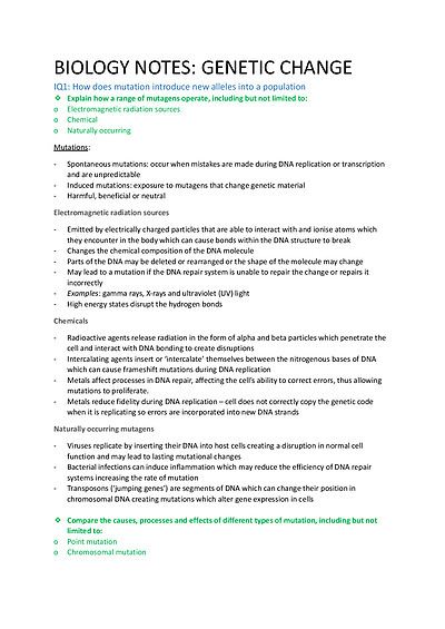 Cover page of HSC biology notes (genetic change)