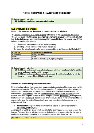 Cover page of Nature of Religion Notes
