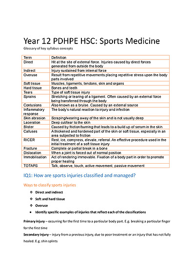 Cover page of PDHPE HSC notes (sports medicine)