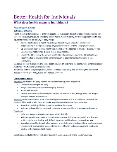 Cover page of Core 1 Prelim - Better Health for Individuals