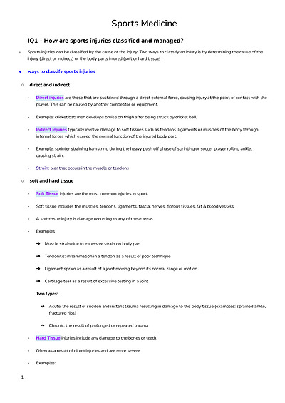 Cover page of PDHPE notes - Sports Medicine