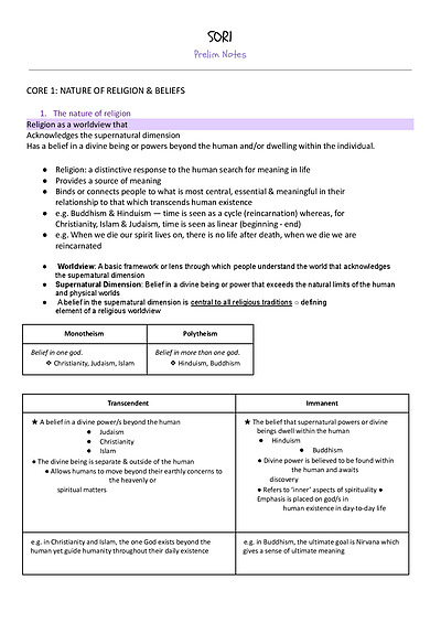 Cover page of Studies of Religion I - Prelim Study notes 