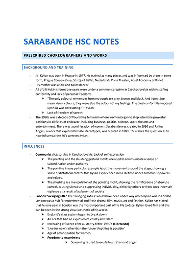 Cover page of SARABANDE NOTES HSC DANCE: BAND 6