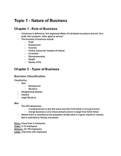 Cover page of Top of class - Yr1l Business Studies NOTES ALL TOPICS