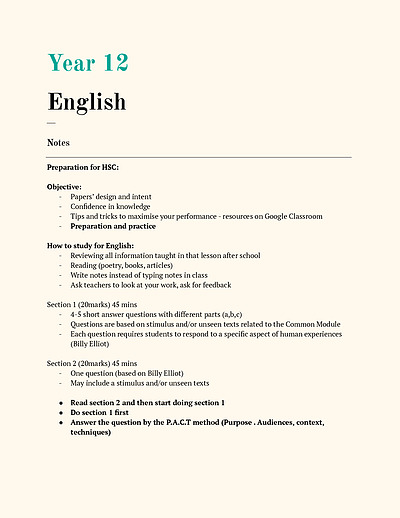 Cover page of English Standard HSC full notes