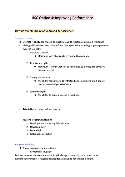 Cover page of PDHPE improving performance notes - first in class