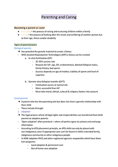 Cover page of CAFS parenting and caring notes - band 6 subject DUX
