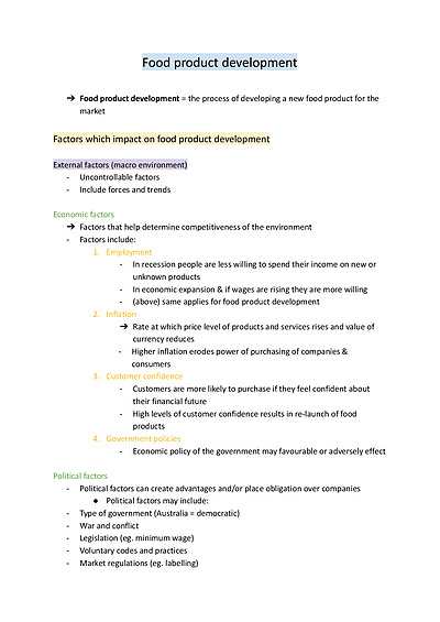 Cover page of Food technology food product development notes - band 6 subject DUX
