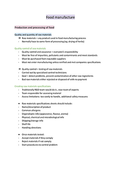 Cover page of Food technology food manufacture notes - band 6 subject DUX