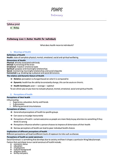 Cover page of PDHPE PRELIM STUDY NOTES