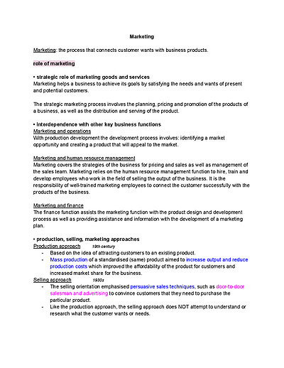 Cover page of Business Studies Marketing notes (HSC)