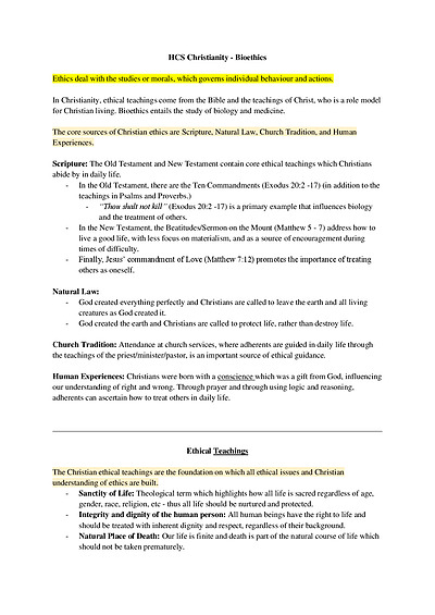 Cover page of SOR Unit 2 - Christianity Bioethics notes 