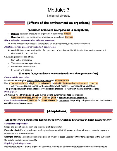 Cover page of Module 3: biological diversity - summarised prelim study notes 