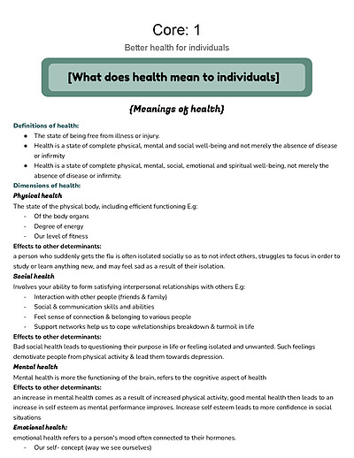 Cover page of Core 1: better health for individuals - summarised prelim study notes 