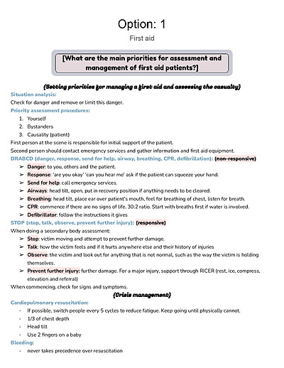 Cover page of Option 1: First Aid - summarised prelim study notes 