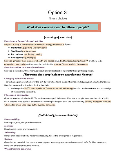 Cover page of Option 3: fitness choices - summarised prelim study notes 