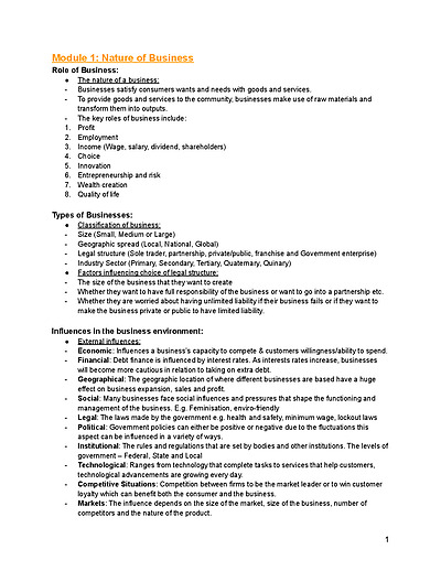 Cover page of Year 11 Business Studies Preliminary Exam Notes