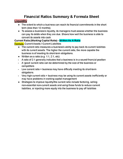 Cover page of Year 12 Business Studies Financial Ratios Summary Sheet