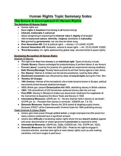 Cover page of Year 12 Legal Studies Human Rights Notes