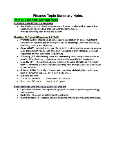 Cover page of Year 12 Business Studies Finance Notes