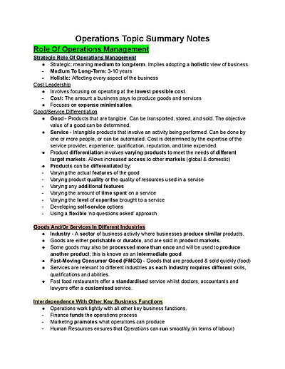 Cover page of Year 12 Business Studies Operations Notes