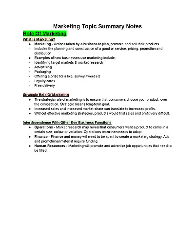 Cover page of Year 12 Business Studies Marketing Notes