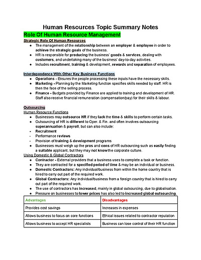 Cover page of Year 12 Business Studies Human Resources Notes