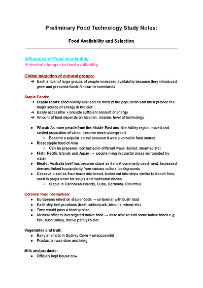 Cover page of Food Technology Summary notes- year 11 notes for yearly 