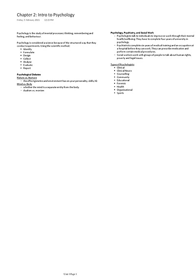 Cover page of Psychology Unit 1 Notes