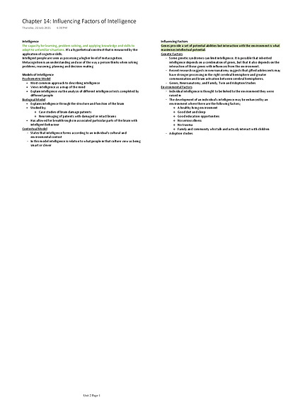 Cover page of Psychology Unit 2 Notes