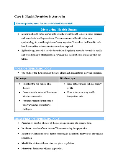 Cover page of HSC PDHPE Syllabus Notes - Health Priorities in Australia (Core 1) 
