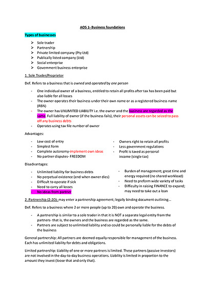 Cover page of Unit 3 VCE Business notes