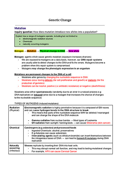 Cover page of 97.5 ATAR HSC BIOLOGY NOTES (Mod 6: Genetic Change)