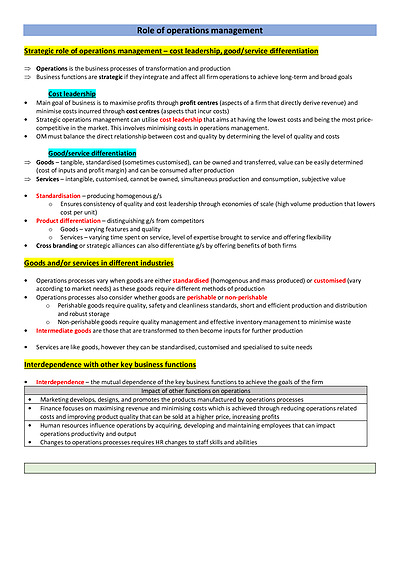 Cover page of Band 6 Business Studies Operations Notes 